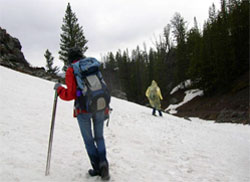 Hiking up the snowy mountains